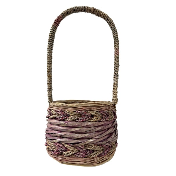 Vintage Basket Cottage House Tall Arched Handle Wicker Woven Twist Design 13x6” - Picture 4 of 11